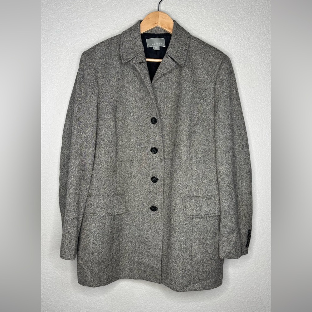 Taloray Women’s Wool‑Cashmere‎ Blend Blazer 16W Grey Tweed Longline Career Coat